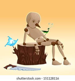 Pinocchio. Cartoon and vector illustration 
