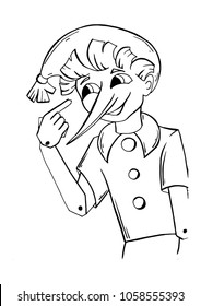 Pinocchio character points to the face