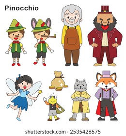 Pinocchio characters fairy tale cute modern simple children illustration colourful playful decorative element