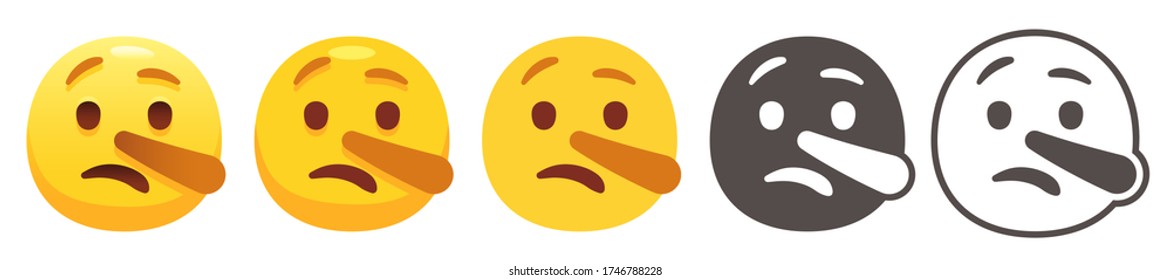 Pinocchio emoji. Liar yellow face with long nose and raised eyebrows. Lying emoticon flat vector icon set