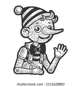 Pinocchio fictional character of children novel sketch engraving vector illustration. T-shirt apparel print design. Scratch board imitation. Black and white hand drawn image.