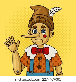 Pinocchio fictional character of children novel fairy tale pinup pop art retro vector illustration. Comic book style imitation.