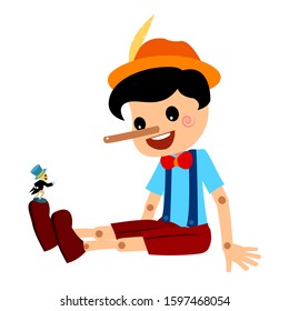 Pinocho y Jiminy Cricket Tale Vectoral Illustración. Sentado De Pinocchio Largo. Para Cuadros Infantiles, Revistas, Páginas Web.