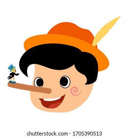 Pinocho y Jiminy Cricket Tale Vectoral Illustración. Pinocho de nariz larga. Para Cuadros Infantiles, Revistas, Páginas Web.