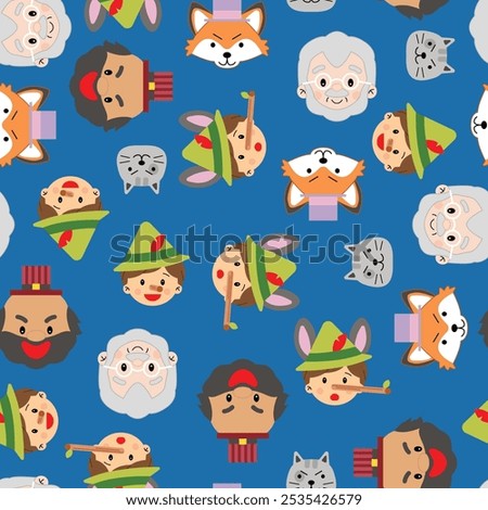 Pinocchio seamless pattern characters fairy tale cute modern simple children illustration colourful playful decorative element