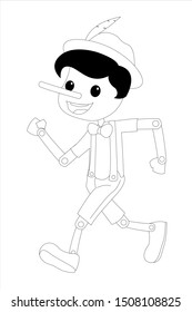 Pinocchio Tale Black and White Vectoral Illustration. For Children Book Covers, Magazines, Web Pages.