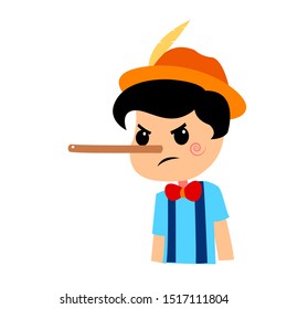 Pinocchio Tale Vectoral Illustration. Angry Face and Long Nose. For Children Book Covers, Magazines, Web Pages.