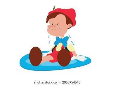 Pinocchio Tale Vectoral Illustration. crying and sitting pinocchio. For Children Book Covers, Magazines, Web Pages.