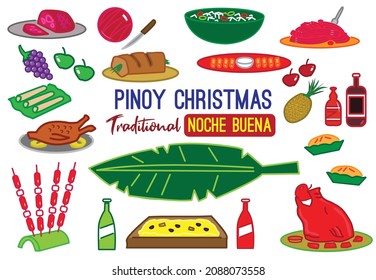 Pinoy Christmas Traditionl Food for Noche Buena or Christmas eve dinner. Editable Clip Art.