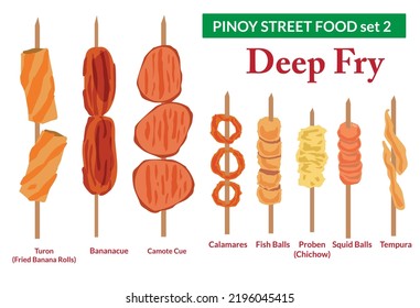 Pinoy Street Food Part 2 Deep Fry Set Konzept. Bearbeitbare Clipart Art.