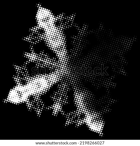 Pinpoint background from a transparent polka dot halftone quadratic stencil mandala with a highlighted sector. The surrounding background is black. A translucent contour of dots, strokes, spots.