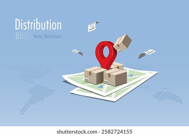 Pinpoint and carton boxes on delivery map. Online shopping and delivery service. Product distribution and logistics transportation. 3D vector