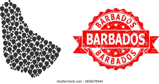 Pinpoint collage map of Barbados and grunge ribbon stamp. Red stamp has Barbados tag inside ribbon. Abstract map of Barbados is created from scattered pin icons. Abstract scheme.