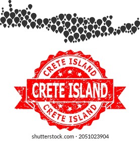 Pinpoint collage map of Crete Island and scratched ribbon seal. Red stamp seal includes Crete Island text inside ribbon. Abstract map of Crete Island is organized from scattered aim elements.