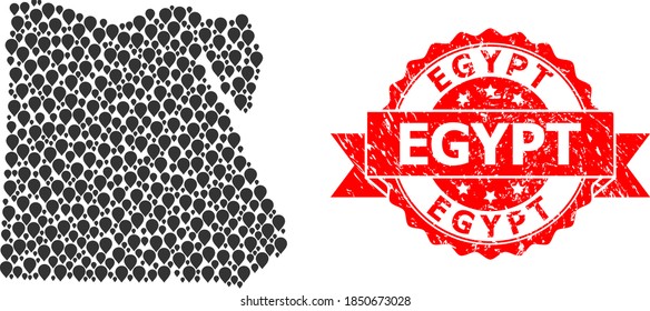 Mapa de collage de puntos de Egipto y sello de cinta gruesa. El sello rojo tiene texto de Egipto dentro de la cinta. Mapa abstracto de Egipto está organizado a partir de ítems puntuales. Esquema de navegación.