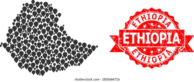 Mapa de collage de puntos de Etiopía y sello de cinta rasgada. El sello rojo contiene la etiqueta de Etiopía dentro de la cinta. El mapa abstracto de Etiopía está construido con elementos de pin aleatorizados. Esquema abstracto.