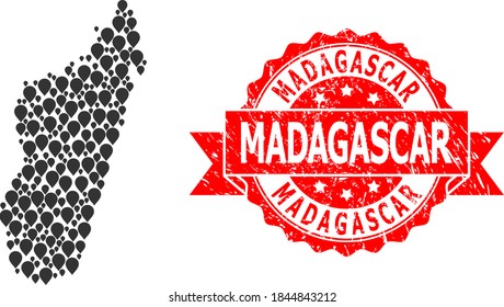 Pinpoint collage map of Madagascar Island and scratched ribbon watermark. Red stamp includes Madagascar title inside ribbon. Abstract map of Madagascar Island is formed with randomized pinpoint items.