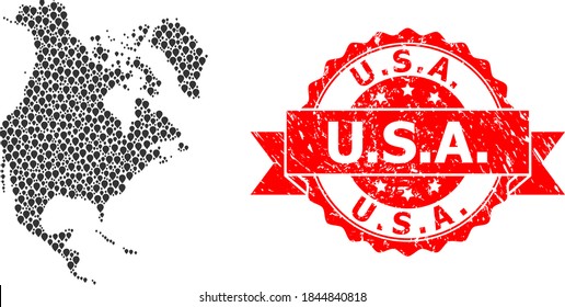 Pinpoint Collage Map Of North America And Grunge Ribbon Stamp. Red Stamp Contains U.S.A. Text Inside Ribbon. Abstract Map Of North America Is Organized With Randomized Navigation Elements.