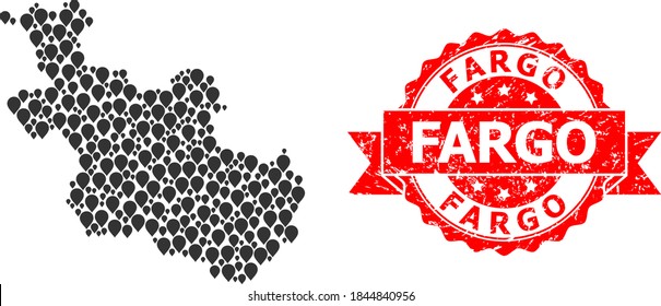 Pinpoint collage map of Overijssel Province and grunge ribbon seal. Red seal includes Fargo title inside ribbon. Abstract map of Overijssel Province is done with scattered pointer items.