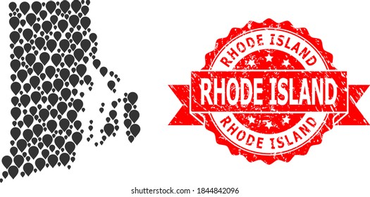 Pinpoint collage map of Rhode Island State and scratched ribbon stamp. Red stamp has Rhode Island title inside ribbon. Abstract map of Rhode Island State is composed of random pinpoint items.