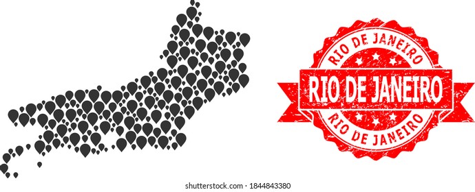 Pinpoint collage map of Rio de Janeiro State and grunge ribbon stamp. Red stamp seal contains Rio De Janeiro text inside ribbon.