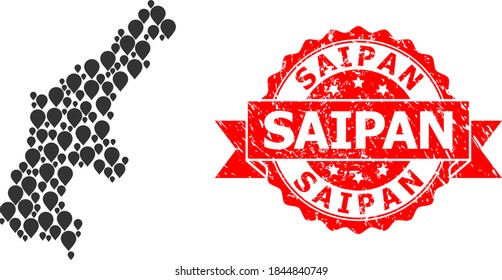 Mapa de collage de puntos de la isla de Saipan y sello de cinta rasgada. El sello rojo incluye texto saipan dentro de la cinta. Mapa abstracto de la isla Saipan está formado por íconos de objetivos aleatorios. Esquema abstracto.