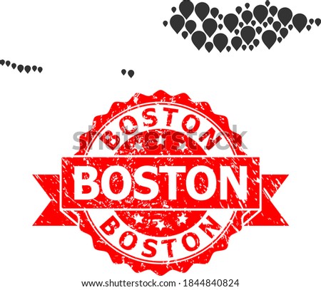 Pinpoint collage map of Socotra Archipelago and scratched ribbon seal. Red seal contains Boston tag inside ribbon. Abstract map of Socotra Archipelago is composed with randomized mark icons.