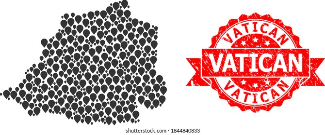 Pinpoint collage map of Vatican and scratched ribbon seal. Red stamp seal contains Vatican text inside ribbon. Abstract map of Vatican is constructed with scattered navigation items. Abstract plan.