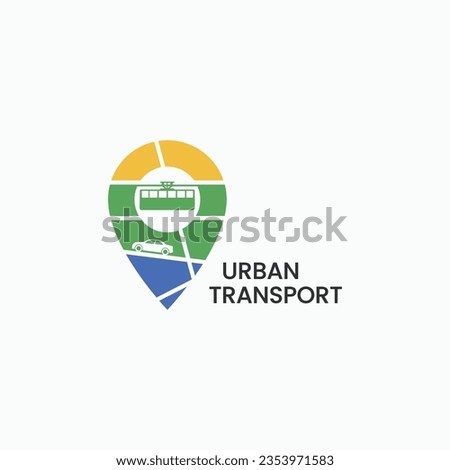 Pinpoint with hanging train and car abstract logo design. Urban transport icon vector illustration 