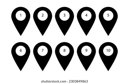 Pinpoint icon, drop shadow geolocation mark silhouette symbol, location map pointer, black and white icon from 1 to 10.