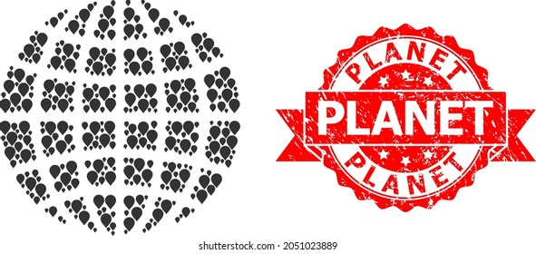 Pinpoint mosaic globe and grunge ribbon seal. Red stamp seal contains Planet text inside ribbon. Abstract globe is composed with randomized pointer symbols. Abstract plan.