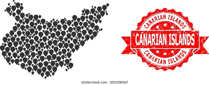 Pinpoint mosaic map of Badajoz Province and grunge ribbon stamp. Red stamp includes Canarian Islands text inside ribbon. Abstract map of Badajoz Province is organized from scattered navigation icons.
