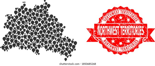 Mapa de mosaicos de puntos de la ciudad de Berlín y sello de cinta gruesa. El sello rojo incluye texto de los Territorios del Noroeste dentro de la cinta. El mapa abstracto de la ciudad de Berlín está diseñado con íconos guía al azar. Resumen.