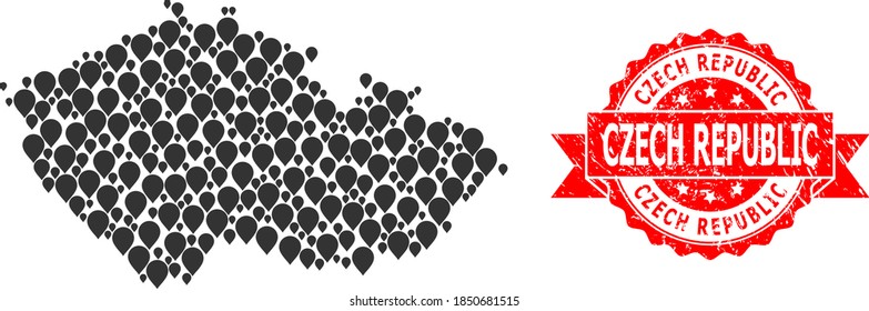 Pinpoint mosaic map of Czech Republic and grunge ribbon seal. Red stamp contains Czech Republic tag inside ribbon. Abstract map of Czech Republic is done with random pinpoint items. Abstract scheme.