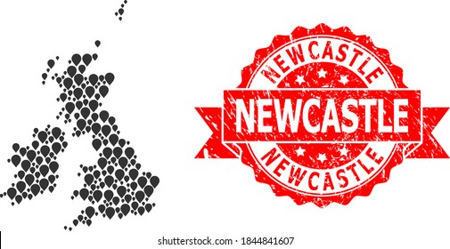 Mapa de mosaico de puntos de Gran Bretaña e Irlanda y sello de cinta rasgada. El sello rojo contiene el título de Newcastle dentro de la cinta.