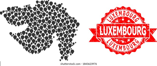 Pinpoint mosaic map of Gujarat State and scratched ribbon watermark. Red stamp seal contains Luxembourg caption inside ribbon. Abstract map of Gujarat State is organized from randomized mark elements.