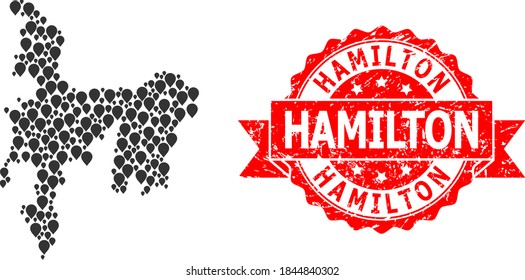 Pinpoint mosaic map of Hamilton Island and scratched ribbon seal. Red seal contains Hamilton text inside ribbon. Abstract map of Hamilton Island is formed with randomized aim elements. Abstract plan.