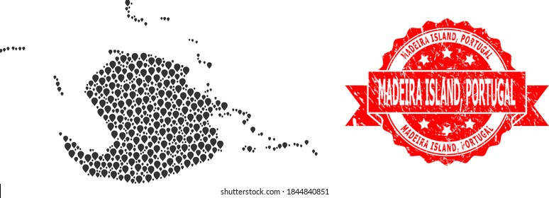 Pinpoint mosaic map of Juventud Island and scratched ribbon stamp. Red stamp has Madeira Island, Portugal tag inside ribbon. Abstract map of Juventud Island is constructed with randomized aim symbols.