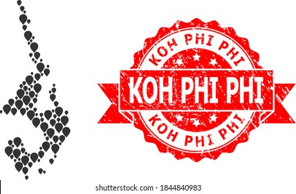 Pinpoint mosaic map of Koh Phi Leh and scratched ribbon seal. Red stamp seal contains Koh Phi title inside ribbon. Abstract map of Koh Phi Leh is created with scattered guide elements.