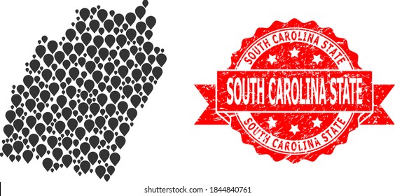 Pinpoint mosaic map of Manipur State and grunge ribbon stamp. Red stamp seal contains South Carolina State text inside ribbon. Abstract map of Manipur State is formed with scattered pinpoint symbols.