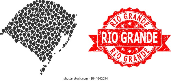 Mapa de mosaicos puntal del estado de Rio Grande do Sul y sello de cinta rasgada. El sello rojo incluye texto de Río Grande dentro de la cinta.