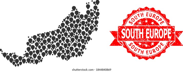 Pinpoint mosaic map of Sarawak and scratched ribbon stamp. Red stamp seal includes South Europe caption inside ribbon. Abstract map of Sarawak is created from scattered destination elements.