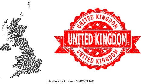 Pinpoint mosaic map of United Kingdom and scratched ribbon seal. Red seal includes United Kingdom text inside ribbon. Abstract map of United Kingdom is formed with scattered guide elements.