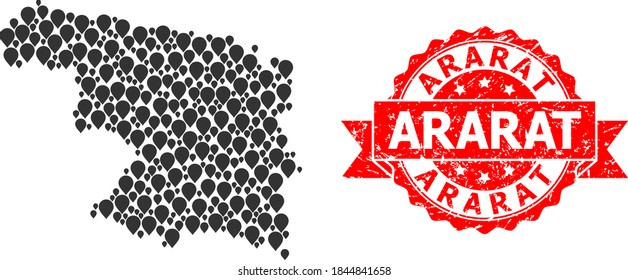Pinpoint mosaic map of Zamora Province and grunge ribbon stamp. Red stamp has Ararat tag inside ribbon. Abstract map of Zamora Province is constructed of scattered navigation elements.