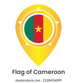 Punktuelles Vektorsymbol mit Kamerun-Nationalflagge einzeln auf weißem Hintergrund. Kartenzeigersymbol für Website, GPS-Navigator, Apps. Illustration in flacher Ausführung. Positionsmarkierung. Geolokalisierungsmarke auf dem