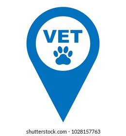 Pinpoint veterinarian here icon, map point icon with VET text and paw print symbol, vector illustration.
