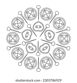 Pines y botones para la ropa . Residuos, costura. Coloreando la página del libro. Mandala. Ilustración del vector