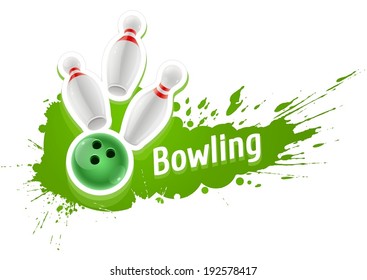 Pins and ball for playing the bowling game over grunge splash. Eps10 vector illustration. Isolated on white background