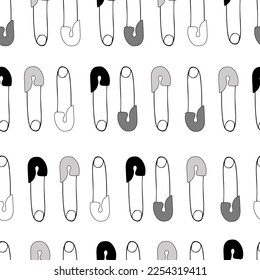 Pins black and white seamless pattern. Sewing accessories and tools. Vector print.