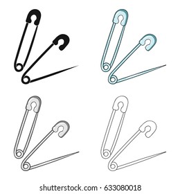 Pins the device for sewing. Bags from metal. Use pins for fastening things.Sewing or tailoring tools kit single icon in cartoon style vector symbol stock illustration.